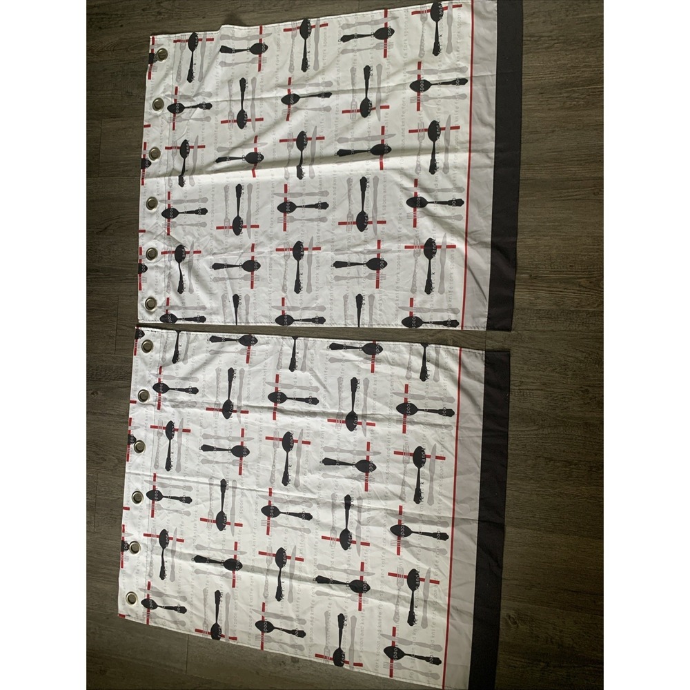Mini Kitchen Curtain Set of 2 White Silverware Pattern 36x29 Grommet Top